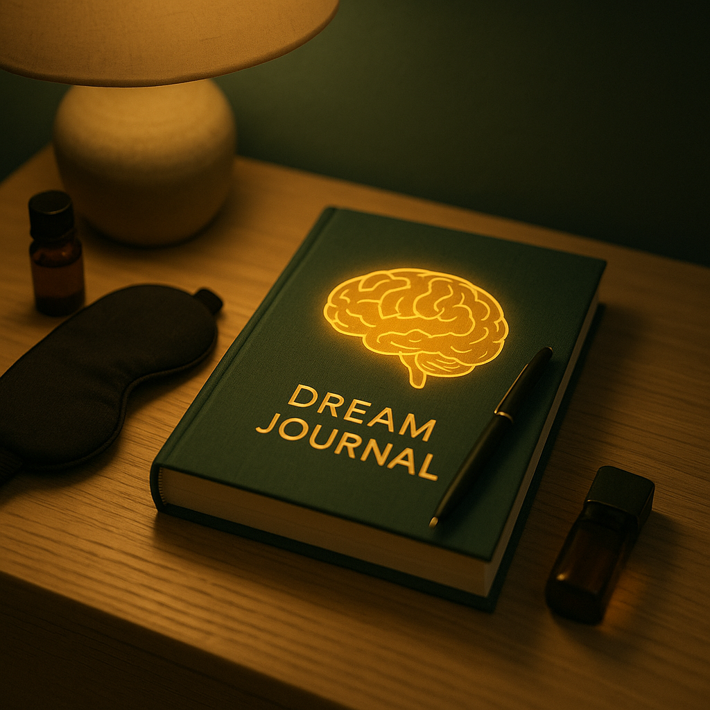 Dream journal with glowing brain illustration on nightstand