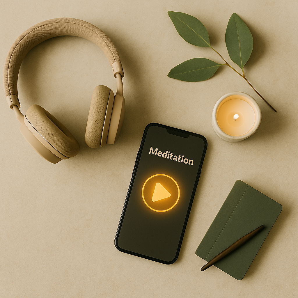 Meditation essentials with headphones and smartphone
